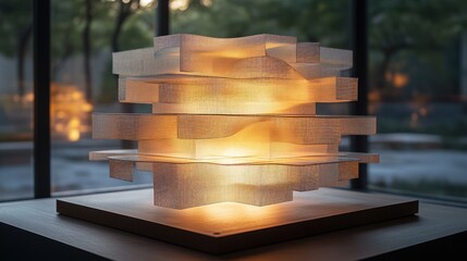 Illuminated layered sculpture displayed in modern interior, garden background
