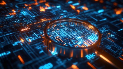 Poster - Magnifying glass on a circuit board with digital kyc verification concept and virtual icons