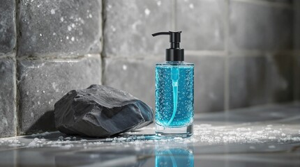 Poster - A bottle of blue liquid, likely hand sanitizer, placed on a surface with a cloth beside it. The background consists of a wall, and the liquid inside the bottle has a distinct blue hue.