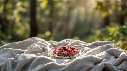 Poster - A close-up shot of a white cloth draped over a wooden surface, with a plate of red berries placed on it. The background is blurred, suggesting a shallow depth of field, and features a natural setting 
