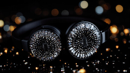 Aufkleber - A close-up of a pair of black and silver hairbrushes placed on a reflective surface, with a blurred background of golden lights.
