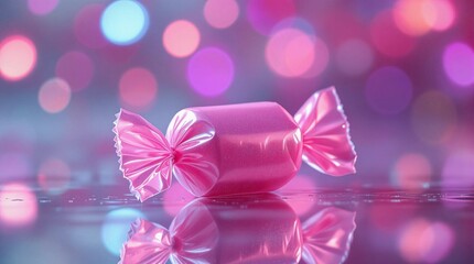 Poster - A glossy, pink candy with a bow on a reflective surface, set against a vibrant, blurred background with a bokeh effect.