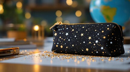 Poster - A black cosmetic bag adorned with golden stars, placed on a surface with a blurred background.