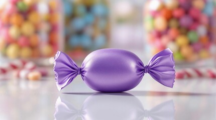 Aufkleber - A glossy, purple chocolate candy with a bow on top, set against a blurred background of colorful candies.