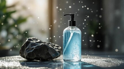 Poster - A bottle of blue liquid, likely hand sanitizer, with a pump dispenser, placed on a surface with a rock beside it. The background is blurred, suggesting a shallow depth of field, and there are water dr