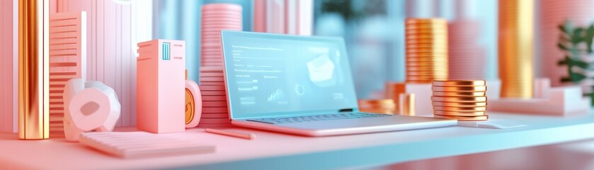 Poster - A modern workspace featuring a laptop, stacks of coins, and a plant, all highlighted by vibrant lighting, suggesting a focus on finance and technology.