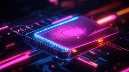 Poster - Computer processor with glowing pink light and digital payment shield symbolizing security concept