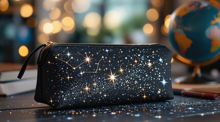 Poster - A glittery cosmetic bag with constellations on it, placed on a surface alongside a book and a globe. The background is slightly blurred, emphasizing the bag and its contents.