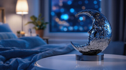 Poster - A crystal crescent moon sculpture placed on a table in a room with a blue couch, a blanket, a lamp, a plant, and a frame on the wall. The background is slightly blurred, giving the image a dreamy feel