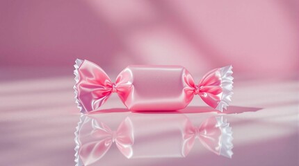 Aufkleber - A pink candy bar with a bow on top, set against a blurred pink background. The candy bar is the main subject, with its glossy finish reflecting light, and the bow is a vibrant pink, adding a pop of co