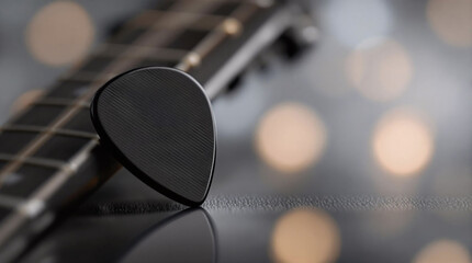 Aufkleber - A close-up of a guitar with a guitar pick resting on its fretboard. The background is blurred with a bokeh effect, and there is a watermark at the bottom right corner of the image.