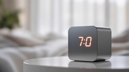 Poster - A digital alarm clock sitting atop a table, with a blurred background suggesting a domestic setting. The clock is the main subject, with its digital display illuminated, indicating it's either early m