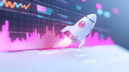 Poster - Abstract depiction of financial success, featuring a sleek spaceship navigating through dynamic graphs, set against a minimalist backdrop, conveying innovation and growth.