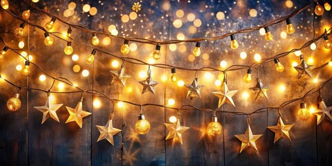 Poster - Warm and inviting, a string of fairy lights illuminate the festive season, with sparkling gold stars and bokeh creating a magical ambiance.