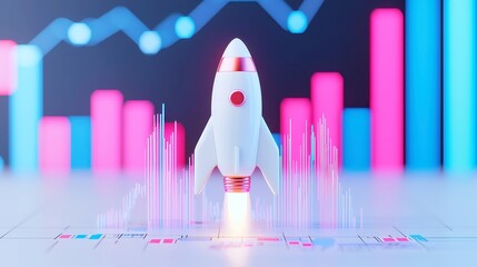 Poster - AI stock market growth, a spaceship launching amidst a minimalist backdrop, symbolizing innovation and progress in finance, evoking a sense of limitless possibilities.