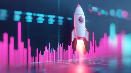 Poster - AI stock market growth depicted with a launching spaceship, minimalist design, clean lines, expansive background, symbolizing innovation and upward momentum