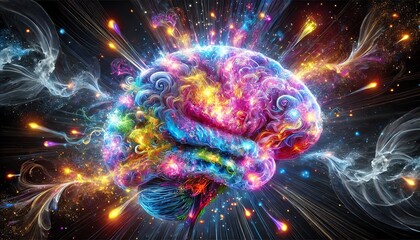 Wall Mural - A vibrant 3D image of a human brain erupting with colorful, swirling clouds and energy bursts