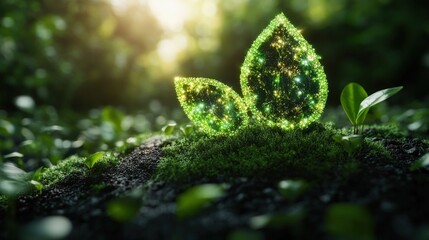 Poster - Green leaf illuminated by light with holographic esg investment strategy illustration