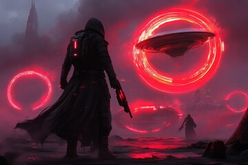 Aufkleber - A high-tech futuristic city skyline with glowing neon signs and holographic advertisements in the background