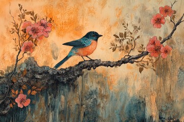 Wall Mural - Colorful bird perched on a branch surrounded by flowers in a tranquil natural setting during sunset