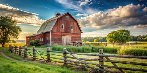 Poster - A rustic red barn stands tall against a backdrop of rolling hills and a vibrant green field, the sky ablaze with the warm hues of a setting sun, framed by a weathered wooden fence