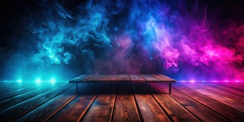 Poster - A Wooden Platform Adorned with Swirling Blue and Pink Smoke Illuminated by Glowing Lights