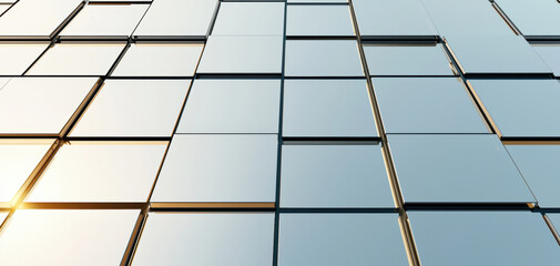 Aufkleber - Modern glass facade with reflective panels creating sleek urban aesthetic. sunlight enhances geometric patterns, showcasing contemporary architecture
