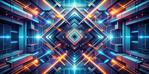 Fototapete - Abstract Neon Glowing Lines and Geometric Shapes in a Futuristic Cyber World
