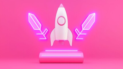 Poster - Innovative Funding Concept with Glowing Arrows and Rocket, dynamic visual representation of startup growth, minimalist backdrop, emphasizing clarity and creativity in business strategy