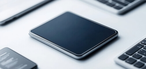 Aufkleber - sleek tablet rests on modern workspace, surrounded by smartphone and laptop, showcasing minimalist design and technology integration