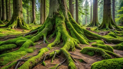 Aufkleber - A dense forest floor covered in verdant moss, showcasing the intricate network of tree roots that bind the ecosystem together