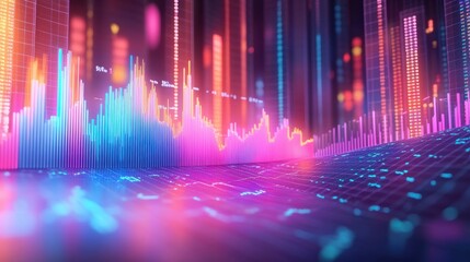 Poster - A vibrant, colorful digital visualization of sound waves, showcasing bars and waves in neon colors against a dark background.