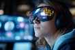 © Milos - A young woman wearing a VR headset looks into an interactive digital environment, showing the fusion of technology and personal experience in virtual realms.