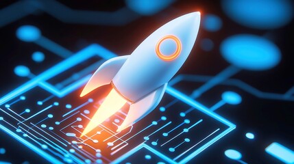 Poster - Digital Banking Innovation, a sleek rocket symbolizing advancement, surrounded by dynamic analytics, set against a minimalist background that emphasizes clarity and progress.