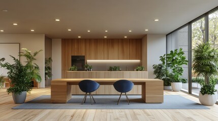Poster - Minimalist office interior featuring wooden desks and a wooden table in a modern workspace