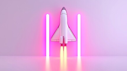 Poster - Neon Space Shuttle in Digital Economy Success, a minimalist scene showcasing a futuristic shuttle symbolizing innovation and growth in a sleek, uncluttered environment.