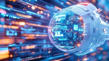 Poster - Digital Transformation Journey, a futuristic spaceship navigating through a data-driven landscape, representing innovation and progress in a minimalist and open environment.
