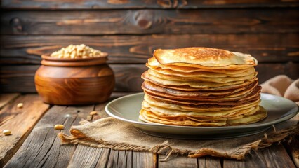 Canvas Print - A stack of golden brown pancakes on a rustic wooden table with a bowl of nuts in the background