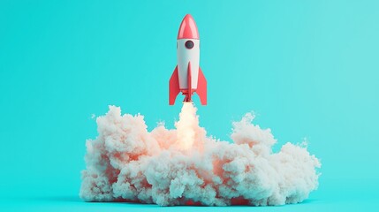 Poster - E-commerce Ascendancy, a dynamic illustration of an online business rocket soaring against a minimalist backdrop, symbolizing growth and innovation in digital commerce.