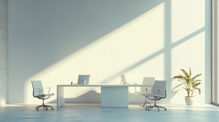 Poster - Modern white office interior featuring desk chairs and a minimalist workspace design