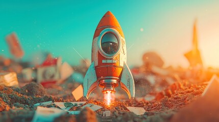 Poster - Economic ascent symbolized by a rocket soaring upward, minimalist backdrop with open space, embodying financial freedom and transformative change.