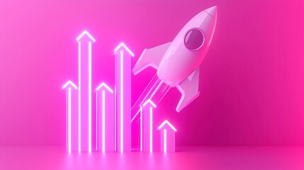Poster - Economic Growth Surge, vibrant neon arrows indicating upward trends, futuristic spaceship soaring above, minimalist backdrop enhancing clarity and focus on progress