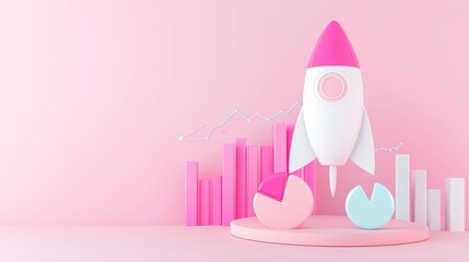 Poster - Startup Launch Vision, an innovative entrepreneurial concept featuring a glowing rocket alongside pie charts, set against a minimalist backdrop that emphasizes clarity and simplicity.