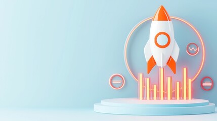 Poster - Startup Vision with Glowing Rocket, dynamic rocket illustration, vibrant pie charts representing growth, minimalist backdrop, clean design emphasizing innovation and clarity
