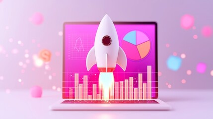 Poster - Startup Innovation, a vibrant rocket symbolizing growth, surrounded by pie charts representing market analysis, set against a minimalist backdrop for a modern business appeal.