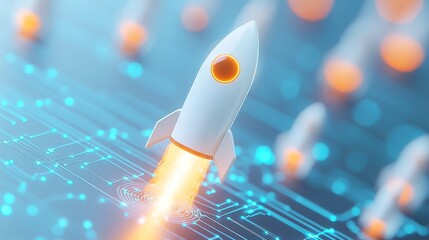 Poster - Data Rocket Ascendance, a dynamic representation of exponential growth featuring a luminous rocket soaring against a minimalist backdrop, emphasizing clarity and simplicity in design.
