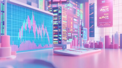 Poster - A vibrant digital cityscape with glowing charts and screens, showcasing a futuristic financial environment.