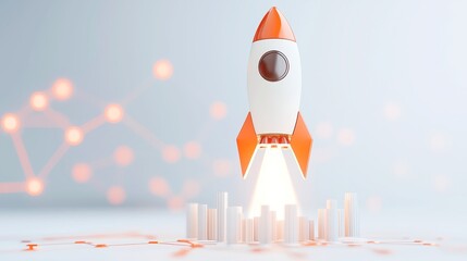 Poster - Financial Revolution in the Sky, exploring the fusion of AI and blockchain technology symbolized by a rocket launch against a minimalist backdrop, embodying innovation and simplicity.