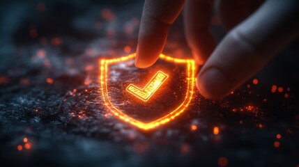 Poster - Hand touching a glowing shield symbolizing secure payment success and protection