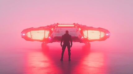 Poster - Futuristic Market Research Insights, a sleek sci-fi spaceship embodies high-tech data analysis, set against a minimalist backdrop, showcasing innovation in a clean, open space.